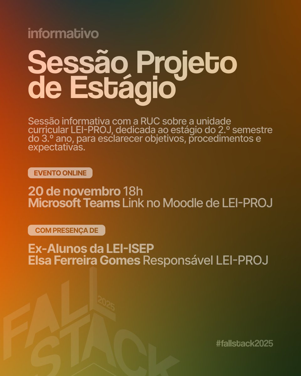 Estágio à porta e mil perguntas? 🤯
Calma, nós ajudamos!

No dia 20 de novembro às 18h, junta-te a nós numa sessão online para esclarecermos tudo sobre a Unidade Curricular LEI-PROJ (ex-PESTI), dedicada ao projeto de estágio do 2.º semestre 👨‍💻👩‍💻