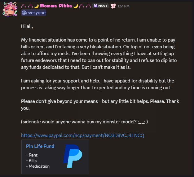 PinBunVT's tweet photo. In a really bad spot at the moment kiddos. If you can, please share. I really need help. https://t.co/cwJ3xqNS6S