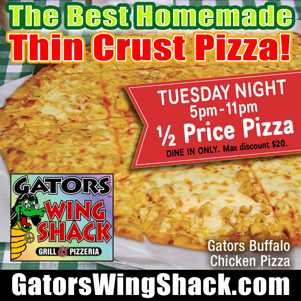 GATORSWINGSHACK's tweet image. 🍕 AT GATORS WING SHACK... HALF-OFF PIZZA TUESDAYS!
🍕THE BEST HOMEMADE THIN CRUST PIZZA! 
** Dine-In ONLY – Max. Discount $20
** 5pm to 11pm
. 
#ilovepizza #bestchicagopizza #chicagosbest #palatineillinois #northwestsuburbs #pizza #pizzatime #pizzalover #pizzaloversfest