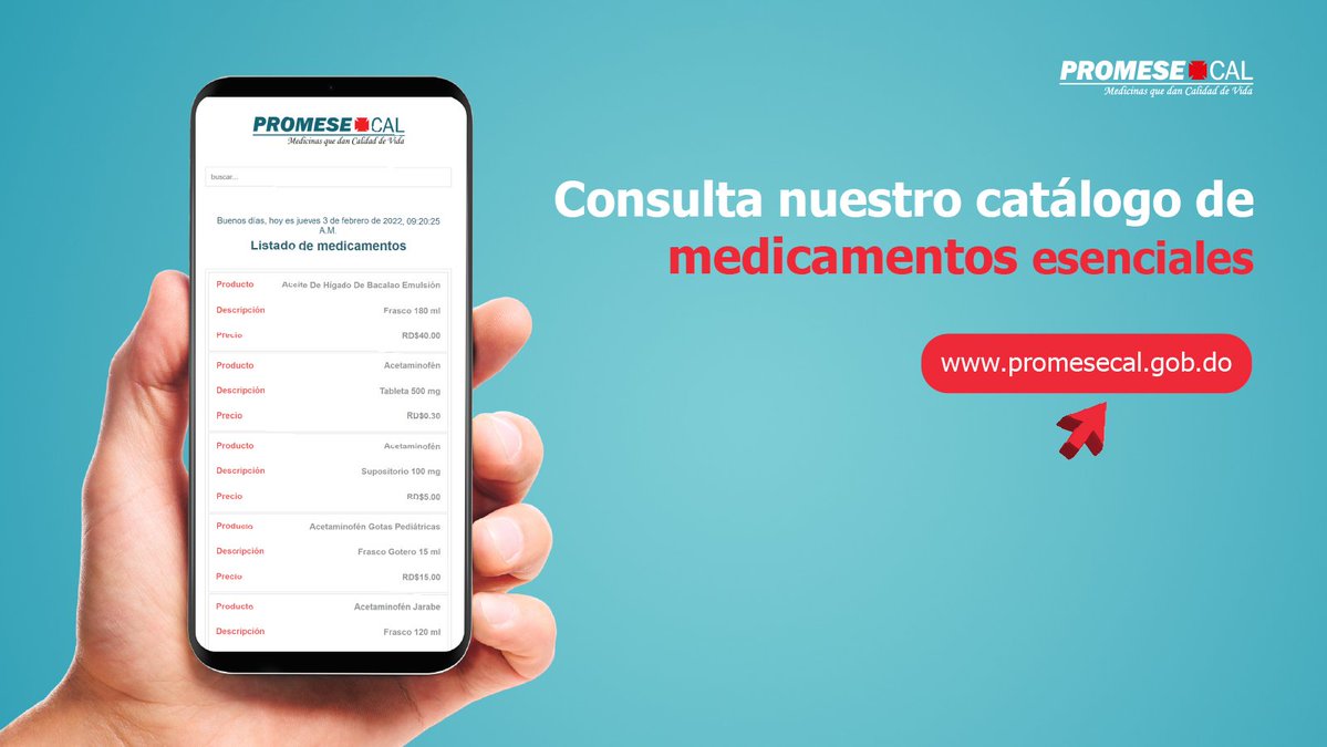 PromesecalRD's tweet image. ¿Necesitas conocer los precios y presentaciones de nuestros medicamentos esenciales? 💻
Encuentra toda la información en nuestro portal 👉 promesecal.gob.do
#PROMESECAL