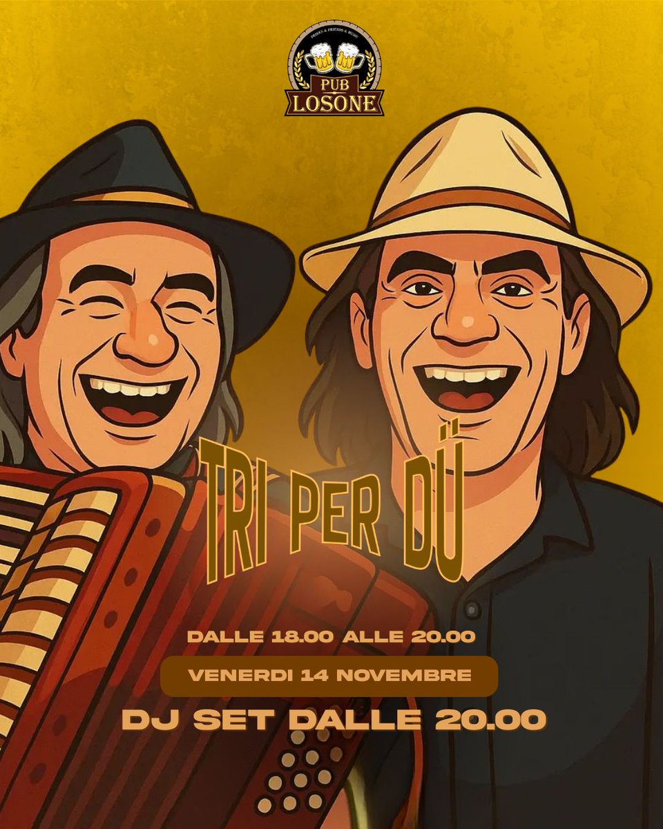 triperdu's tweet photo. Serata ticinese con la nostra musica nostrana. Venerdì 14 novembre 2025 Fredy e Moreno in duo al @PubLosone dalle 18.00 alle 20.00. Vi aspettiamo. https://t.co/8Ktbws1i8a