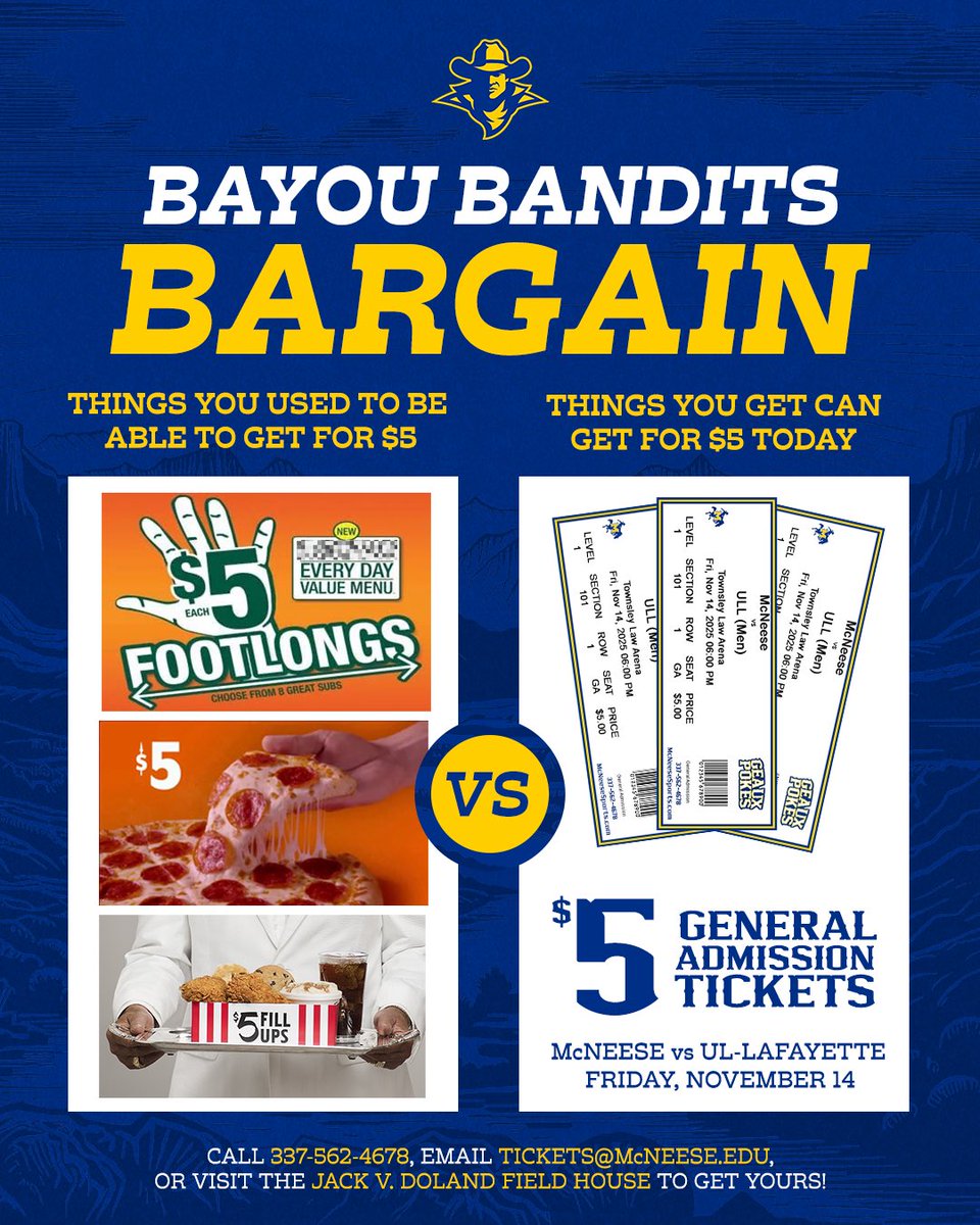 McNeeseMBB's tweet image. The only $5 deal that comes with dunks. 🔥

Catch the Battle of I-10 this Friday at the Townsley Law Arena!

🎟️shorturl.at/I8ia8

#GeauxPokes | #BayouBandits