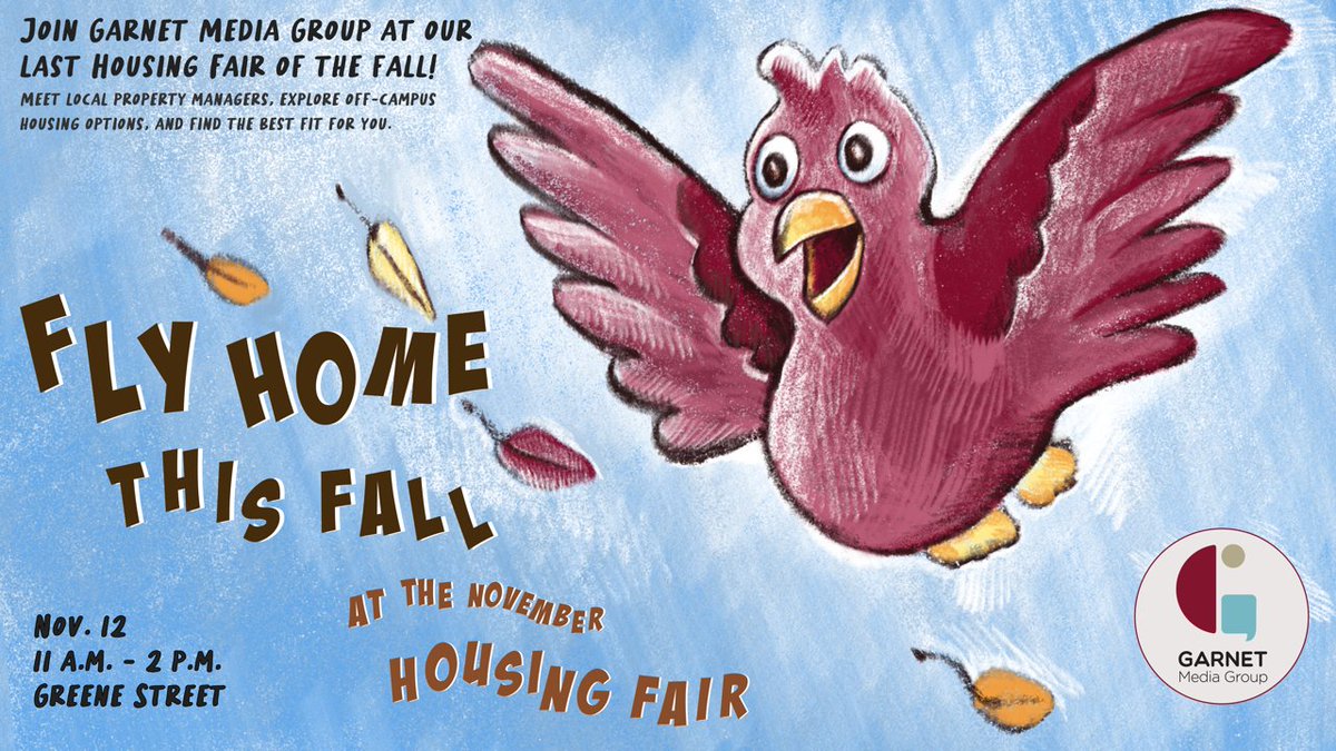 GarnetMedia's tweet photo. Tomorrow's the day! 🍂 Join Garnet Media Group on Greene Street from 11-2 for our last Housing Fair of the fall, find your next home, and meet local property managers! 🏠#garnetmediagroup https://t.co/SlI1Ip7Qxc
