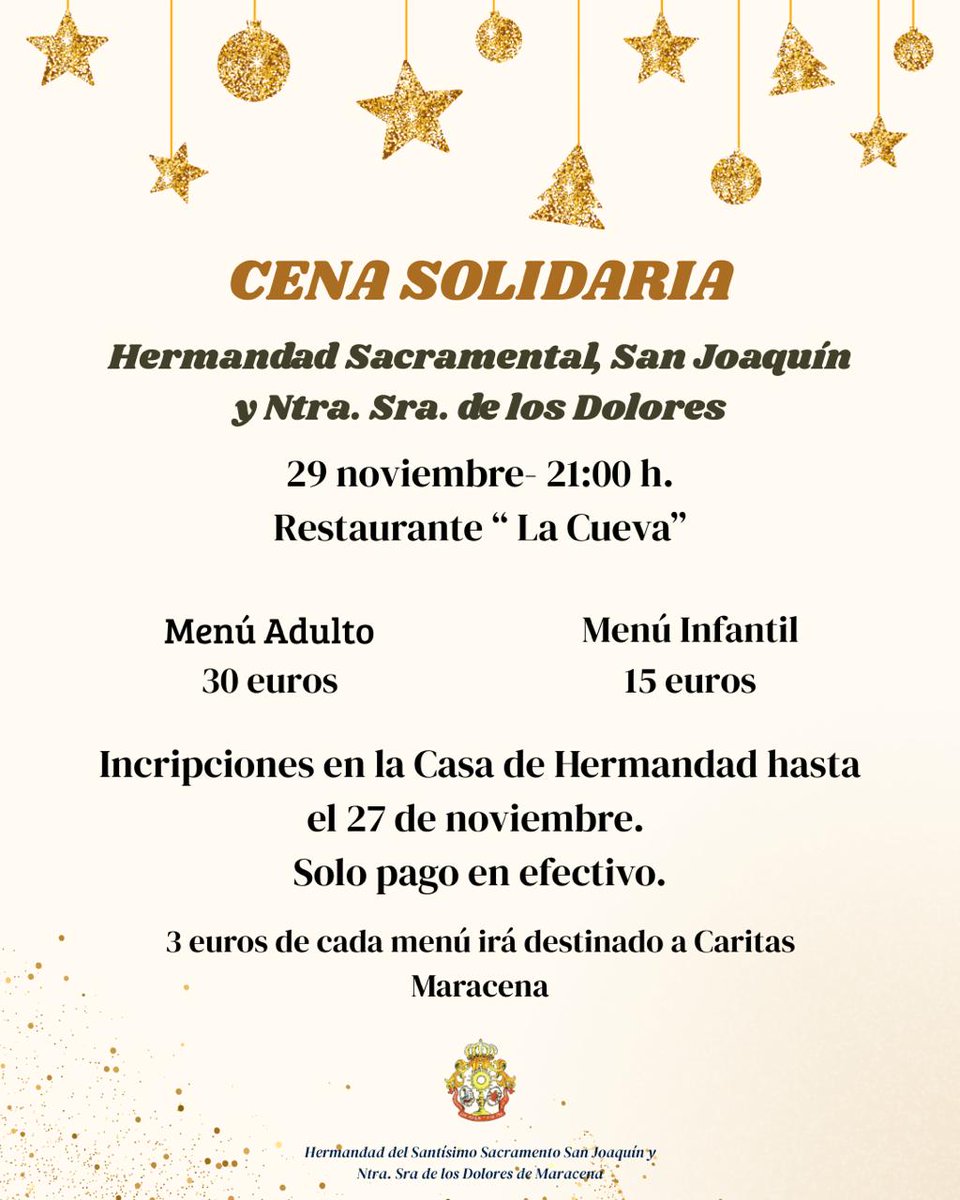 ✨💛 CENA SOLIDARIA 💛✨

Un año más, nuestra Hermandad se prepara para vivir una velada muy especial con un fin solidario.
La tradicional Cena de Hermandad, con carácter benéfico, es una ocasión única de encuentro, convivencia y fraternidad a la que os invitamos a participar. 🤝