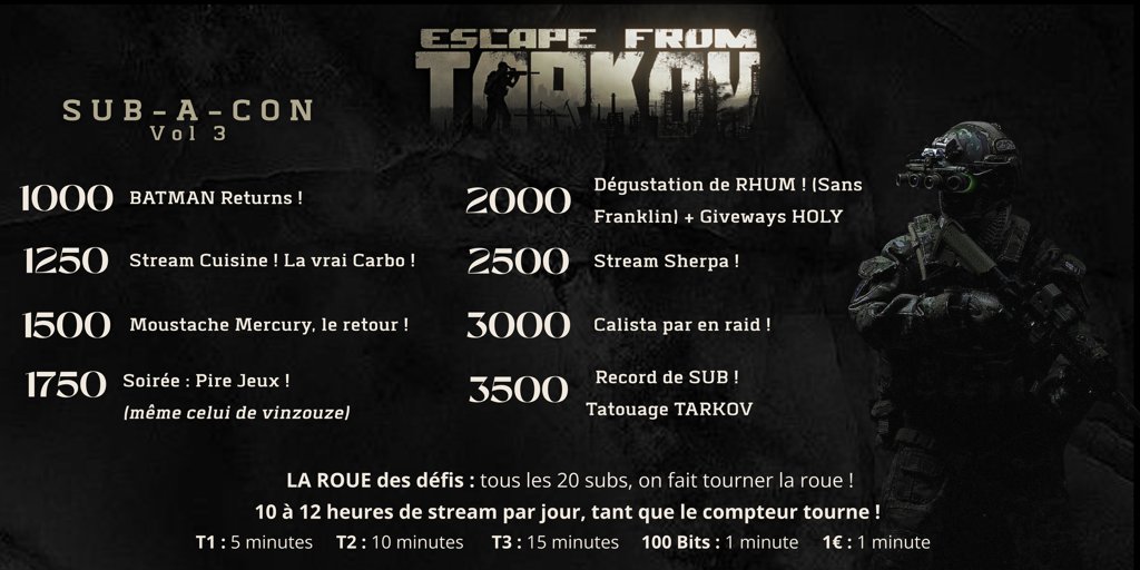 Bonjour X . Je vous annonce le lancement du Sub-A-Con Vol 3 samedi 15 novembre pour la sortie du meilleur jeu du monde <a href="/tarkov/">Escape from Tarkov</a> . Hâte de découvrir la 1.0 avec vous !!!! #EscapefromTarkov