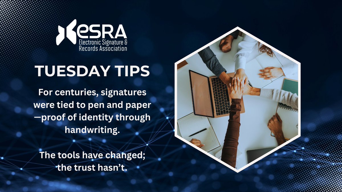 esignrecords's tweet photo. 🪶ESRA Tips Tuesday: For centuries, signatures were proof of identity through handwriting. Today, eSignatures serve the same purpose: authenticating intent &amp; preserving integrity with speed, traceability, &amp; global reach.

The tools have changed; the trust hasn’t. #ESRA https://t.co/MzZYQwTOoj