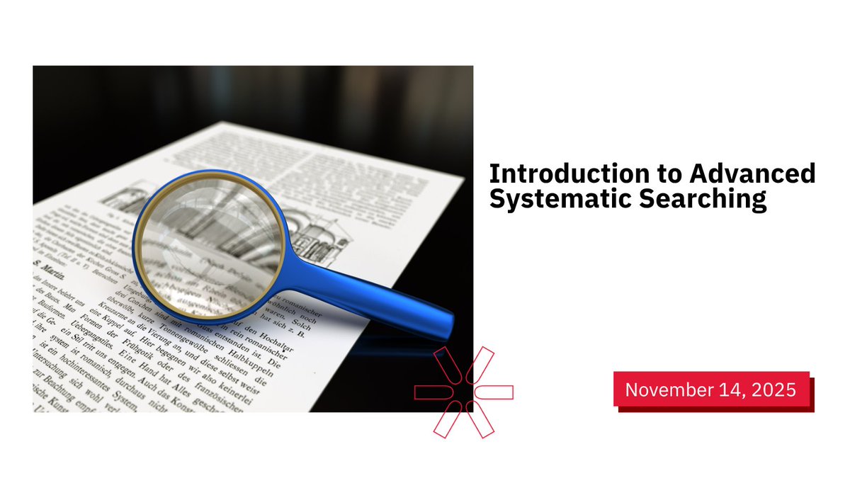 yorkulibraries's tweet image. Join us on November 14 for an introduction to advanced systematic and comprehensive searching for systematic and scoping reviews!

Register now: bit.ly/3Xnm1vL

#YorkU #LibraryWorkshop
