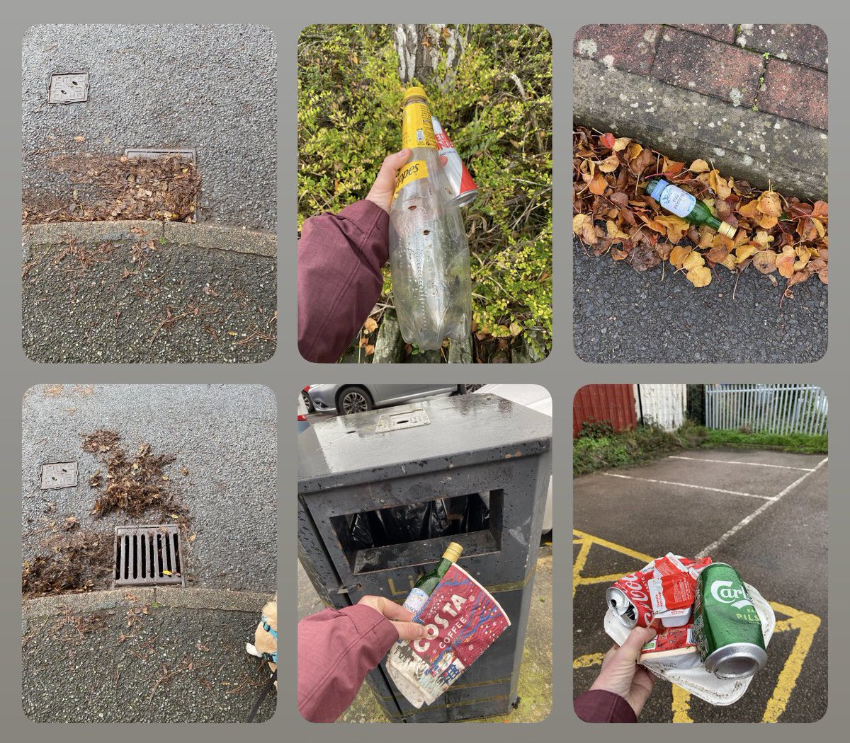 sabrown134's tweet photo. 11th November - #BootScraped another blocked drain on our morning #Sniffari @pawsonplastic ๐พ then found litter โin the hedgeโ of the Railway garden ๐ then at lunchtime, found a glass bottle #PainInTheGlass (in @Morrisons carpark) and a #Feastive @CostaCoffee cup (nearby) โฌ๏ธ https://t.co/gSM0zirJpp