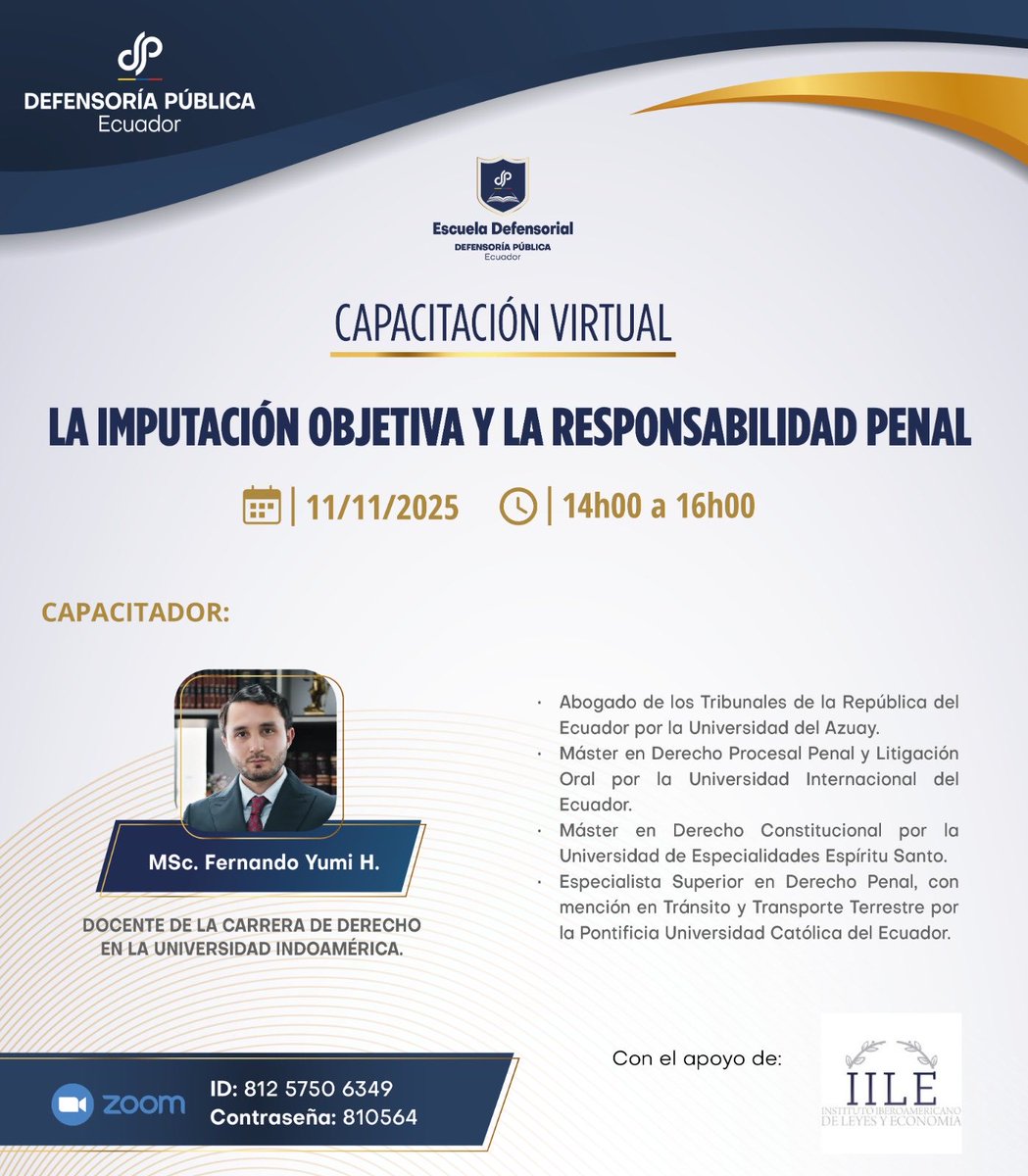 Iile_instituto's tweet photo. En breves minutos damos inicio a la siguiente capacitación virtual sobre “La Imputación objetiva y la responsabilidad penal” organizado por la Escuela Defensorial.

Link de acceso: https://t.co/95qNOuS1UA https://t.co/iw293VmTML