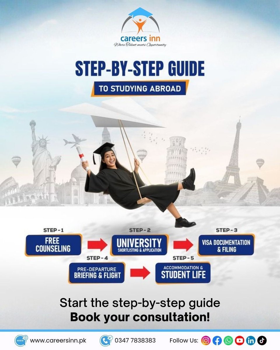 careersInn's tweet photo. 1️⃣ Free Counseling – Discover your goals &amp; options
2️⃣ University Application  Secure your perfect offer
3️⃣ Visa Filing – Get expert documentation support
4️⃣ Accommodation Setup Settle before you land
5️⃣ Pre-Departure Briefing Fly ready for success!

🌐 https://t.co/27eUmlpybg https://t.co/0pNjuOQzIH