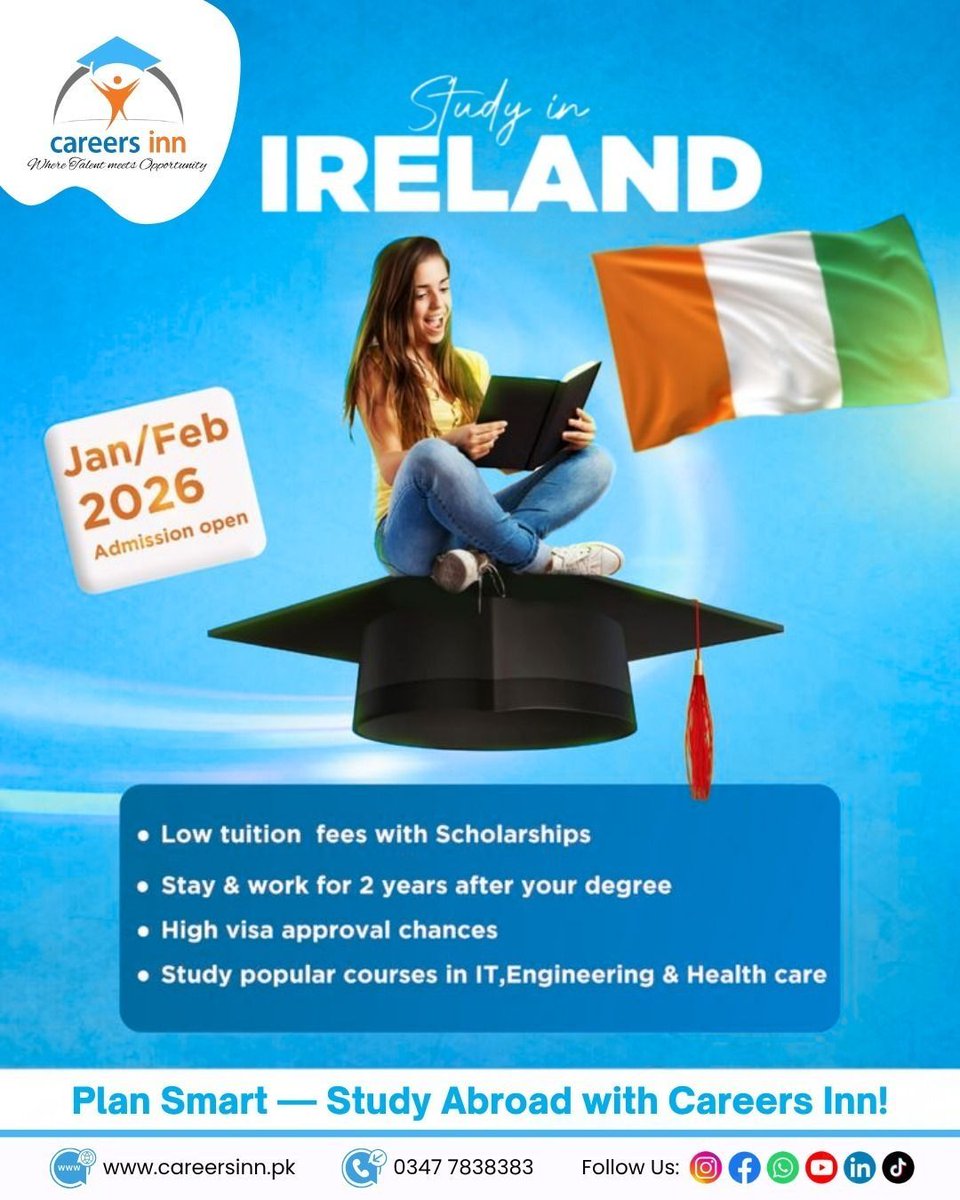 careersInn's tweet photo. 🇮🇪 Study in Ireland – Jan/Feb 2026 Intake Open!
Low tuition, scholarships, &amp; 2-year post-study work visa.
Study top courses in IT, Engineering &amp; Health Care!
Apply now with Careers Inn 🌍
📞 0347 7838383 | 🌐 https://t.co/27eUmlpybg

#StudyInIreland #CareersInn #StudyAbroad https://t.co/qYCY1kl1Yt