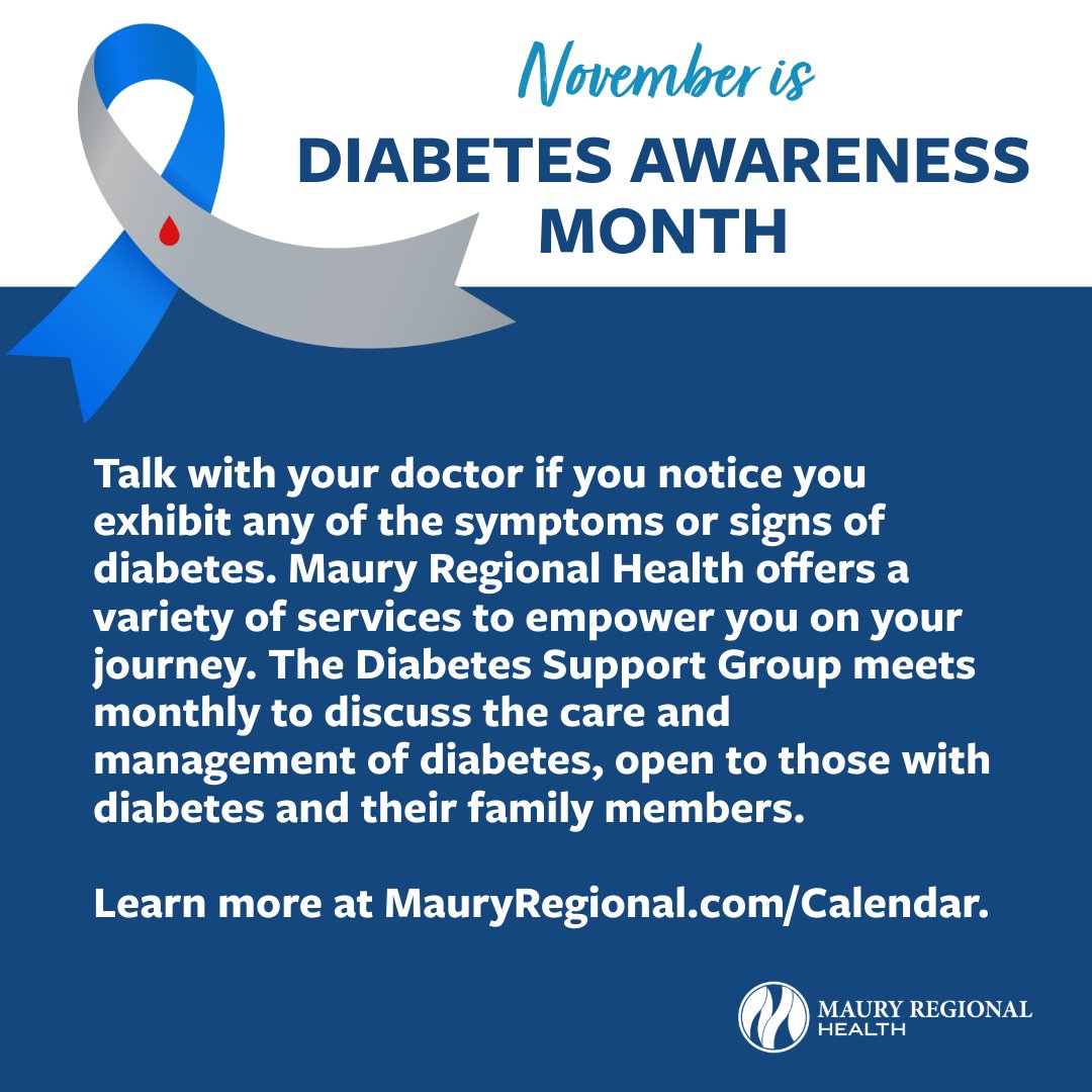 November is Diabetes Awareness Month. At Maury Regional Health, our diabetes and endocrinology services are designed to help patients achieve better health and an improved quality of life. For more information on the services at Maury Regional, visit MauryRegional.com/Diabetes.