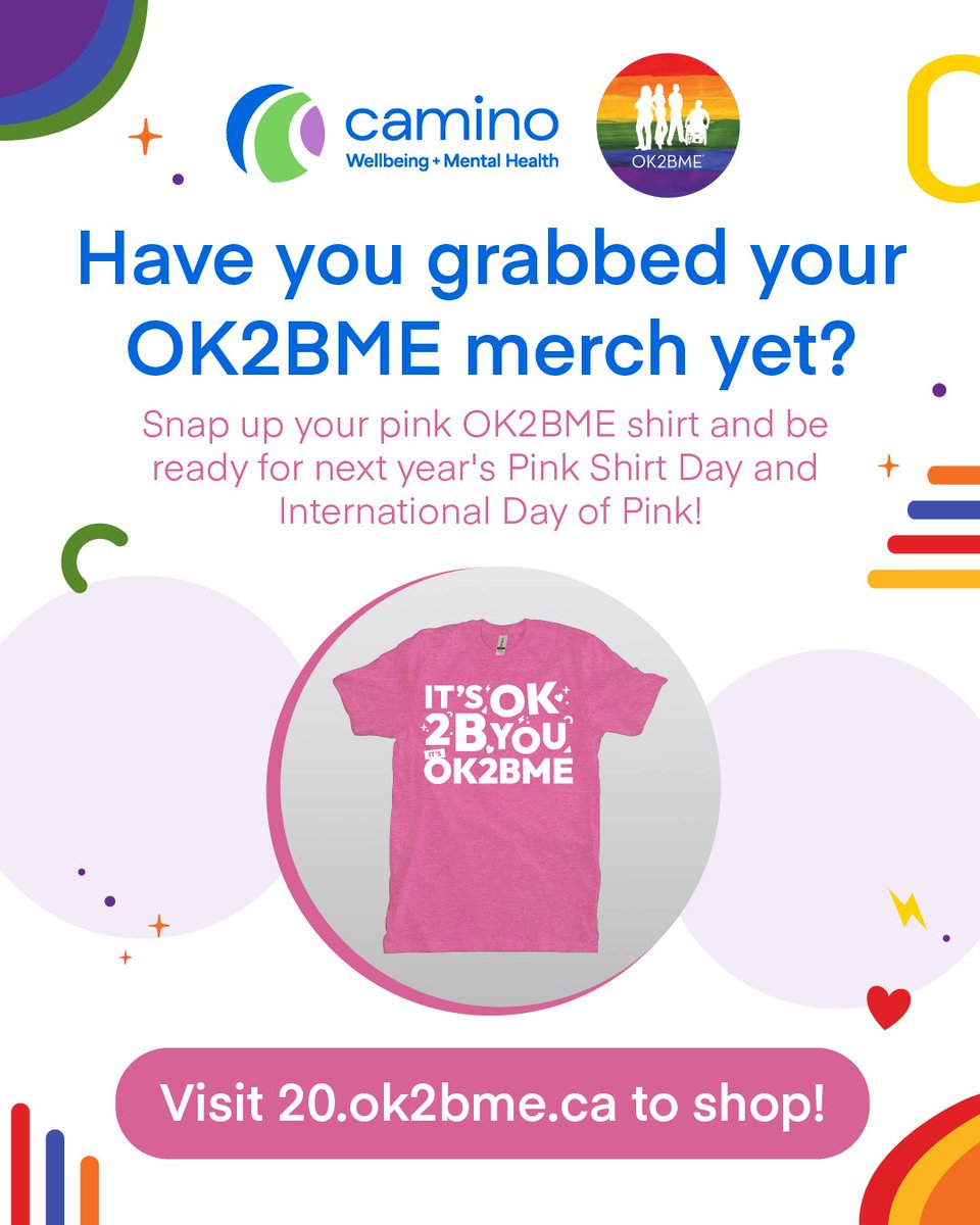 Be ready for next year's Pink Shirt Day or International Day of Pink!

Check out our line of t-shirts and other wearables at the OK2BME Merch Store. Every item supports wellbeing and mental health right here in Waterloo Region.

stores.inksoft.com/ok2bme_merch_w…