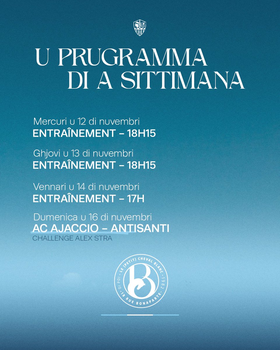 𝐔 𝐩𝐫𝐮𝐠𝐫𝐚𝐦𝐦𝐚 𝐝𝐢 𝐚 𝐬𝐢𝐭𝐭𝐢𝐦𝐚𝐧𝐚

Trois entrainements au programme pour les joueurs d'Anthony Lippini cette semaine avant la réception d'Antisanti-Vezzani pour le challenge Alex Stra.

Plus d'informations à venir dans la semaine 💪