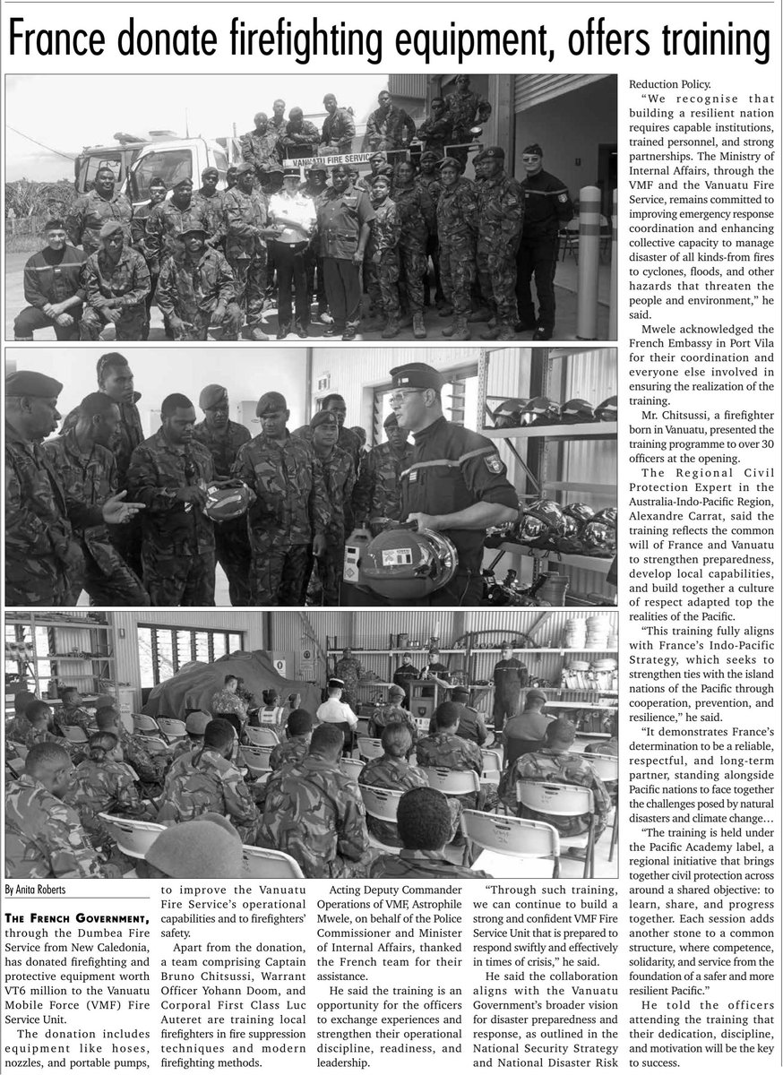 🇻🇺🇫🇷 Ten days of intensive training in Port Vila: French firefighters train their Vanuatu counterparts and provide them with €50,000 worth of equipment. This concrete cooperation, which ends today, has already been praised by the local press.