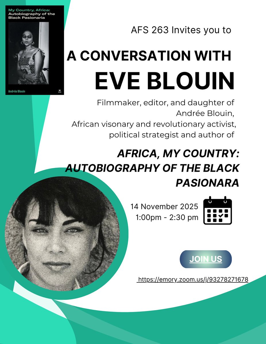 EmoryIAS's tweet image. The students currently enrolled in AFS 263, Introduction to African Studies will hold a student moderated online conversation with Eve Blouin.

Eve Blouin is the editor of Andrée Blouin’s autobiography My Country, Africa: Autobiography of the Black Pasionara (2024).
