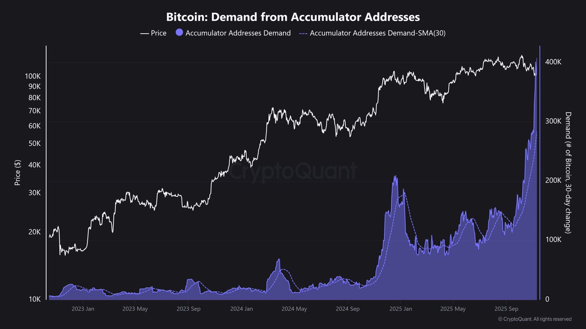 🚨 Der verrückteste Chart des gesamten Bitcoin-Zyklus für mich! Was du hier  siehst: Die Accumulator Addresses - Wallets, die kaufen, aber nie  verkaufen. Und ihr Demand? Der explodiert gerade! 💥 Seit Monaten