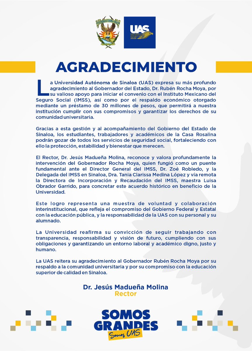 La Universidad Autónoma de Sinaloa (UAS) expresa su más profundo agradecimiento.