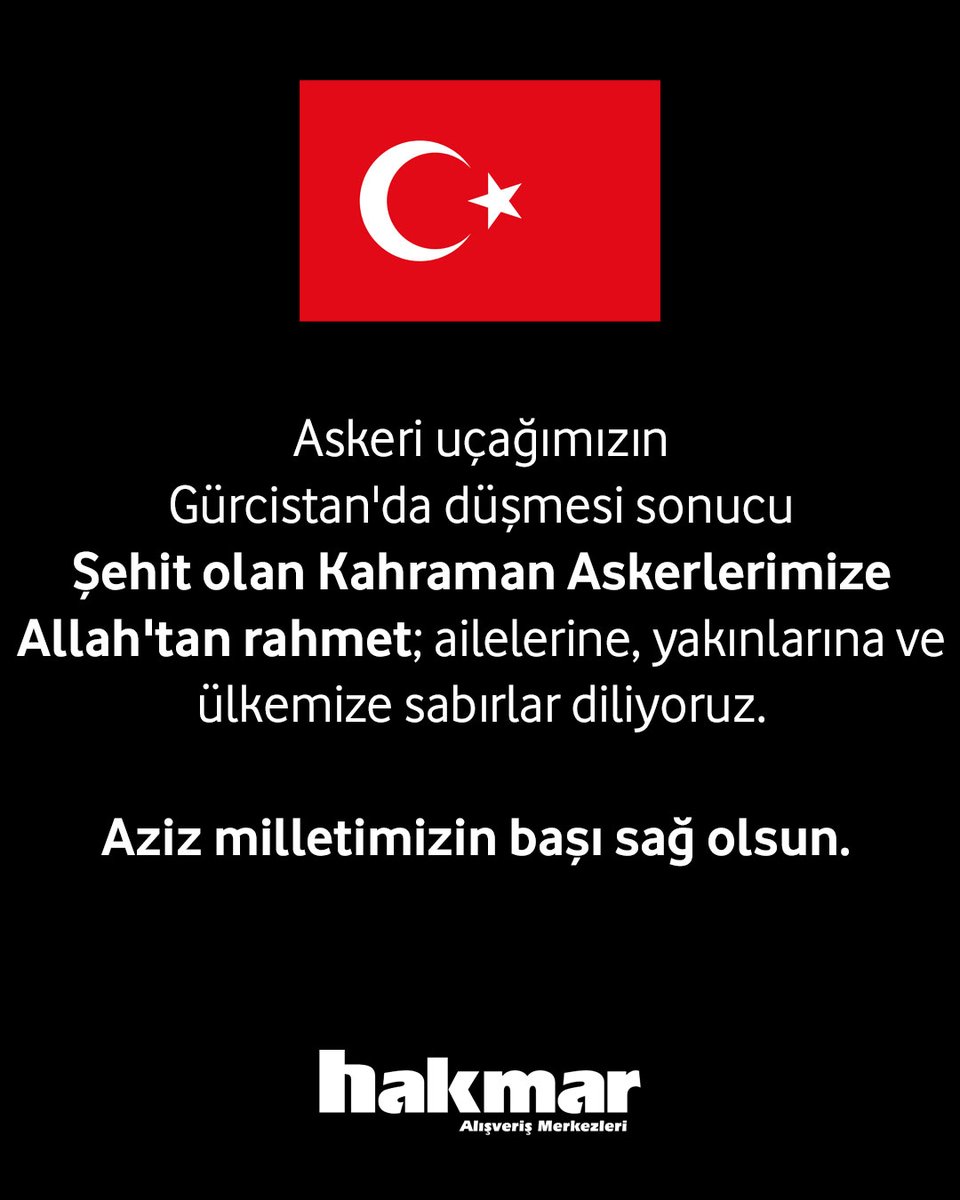 🇹🇷
Askeri uçağımızın Gürcistan'da düşmesi sonucu şehit olan kahraman askerlerimize Allah'tan rahmet; ailelerine, yakınlarına ve ülkemize sabırlar diliyoruz.

Aziz milletimizin başı sağ olsun.