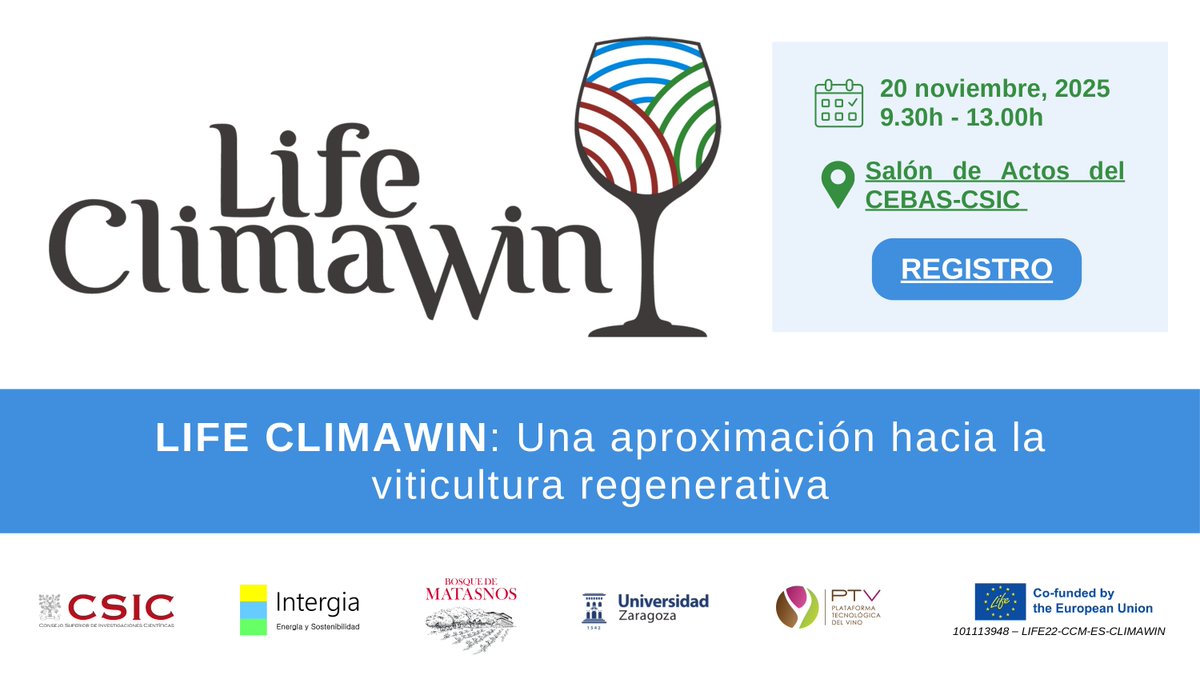 CEBAS_CSIC's tweet image. WORKSHOP | El @CEBAS_CSIC acoge la jornada LIFE CLIMAWIN: una aproximación a la viticultura regenerativa 🍷

📅 20 de noviembre
🕘 9:30 h - 13 h
📍Salón de Actos del Centro
✍️Inscripciones en:
docs.google.com/forms/d/e/1FAI…

👇Consulta el programa