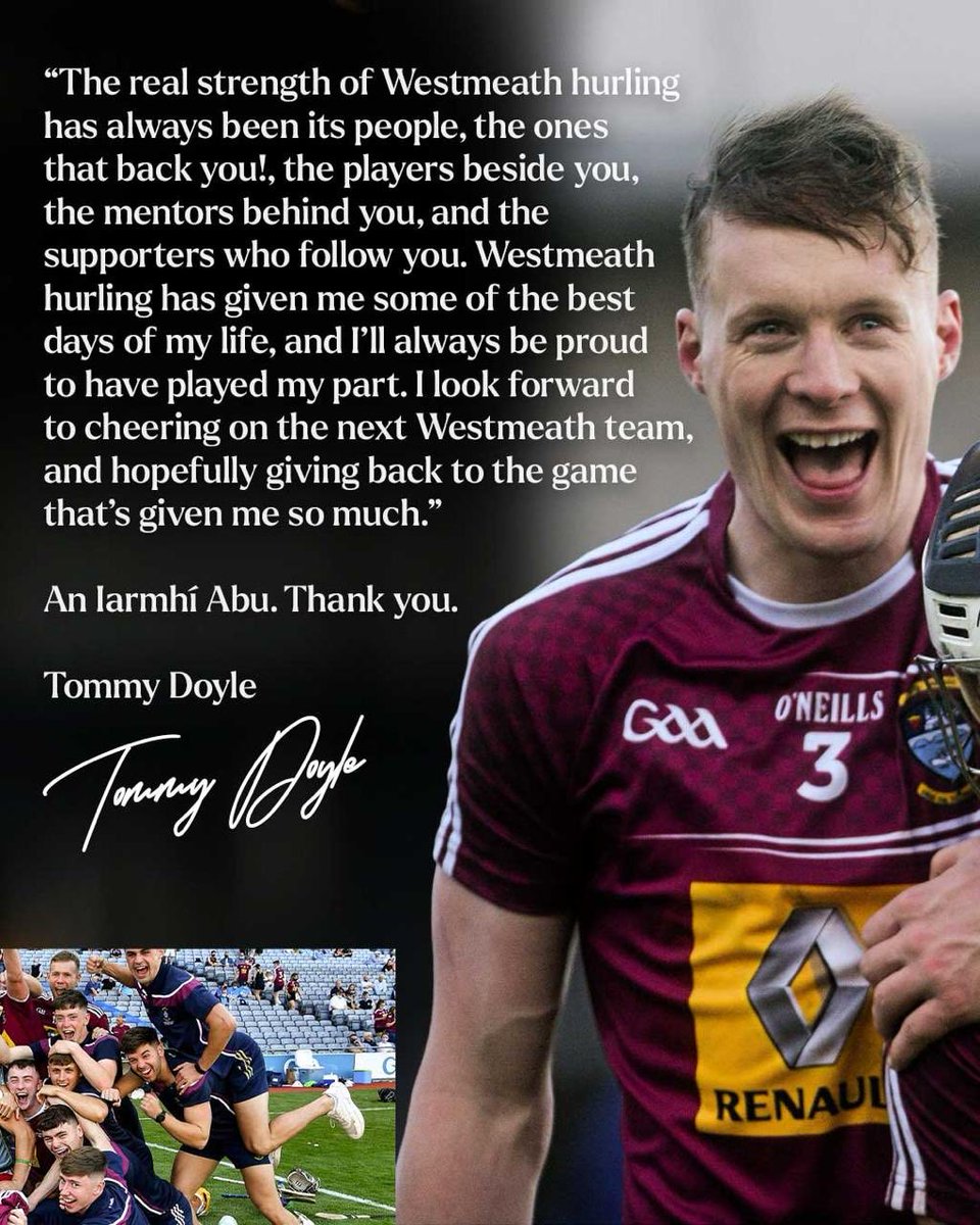 End of an era!

After 13 seasons of dedication, leadership, and pride, Tommy Doyle hangs up the Westmeath jersey.
Thank you for everything, Tommy — a true servant of the game and an inspiration to all who wear the maroon and white.

An Iarmhí Abú.
