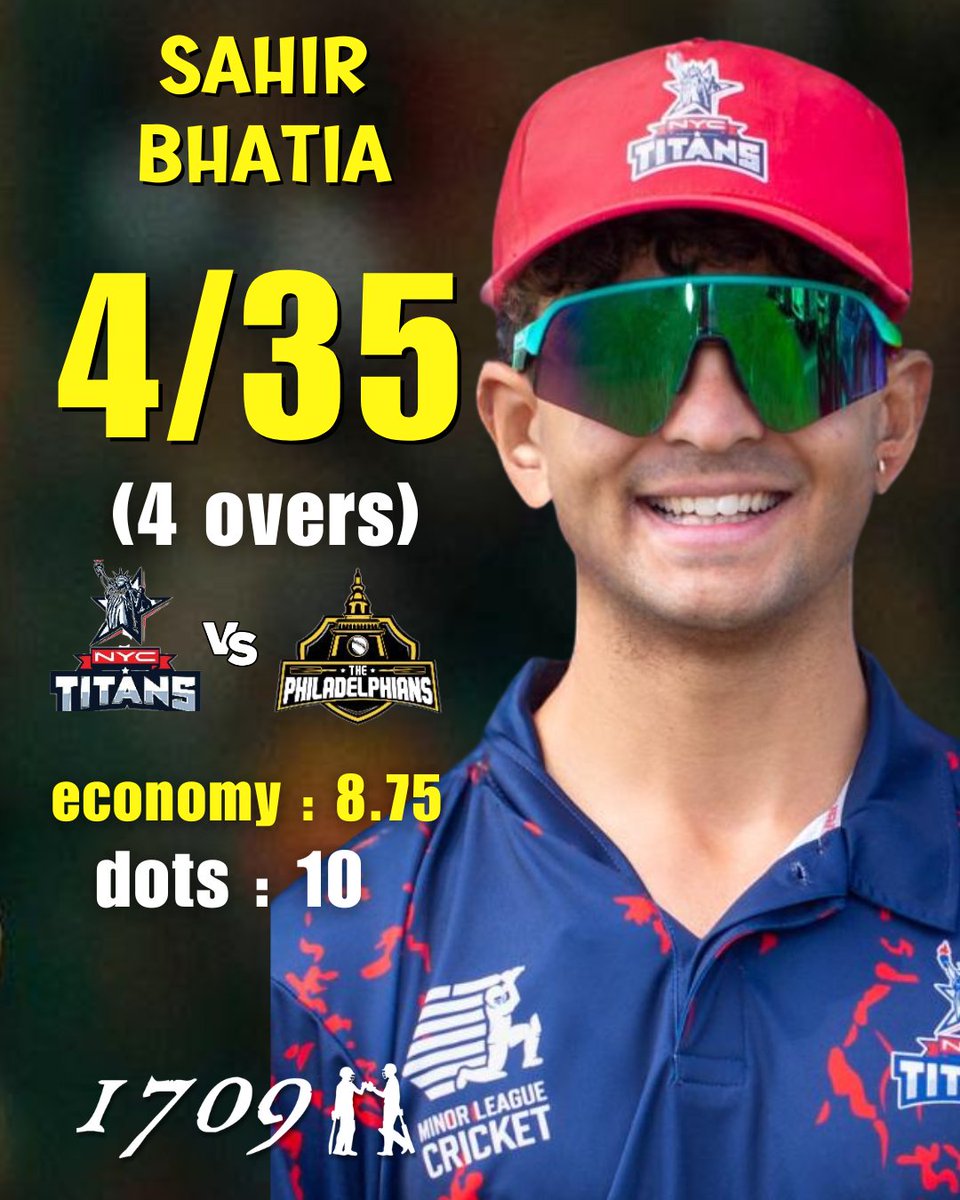 Sahir Bhatia turns up big for the Titans! 🎯

A fiery 4/35 in just 4 overs, breaking open the innings and shifting momentum NYC’s way.
Aggression, accuracy, and fearless intent — the next-gen Titans energy. 🔥💙 <a href="/MiLCricket/">Minor League Cricket</a>

#NYCTitans #SahirBhatia