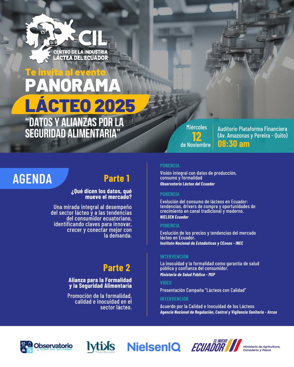 ¡Panorama Lácteo 2025!🥛

Sé parte de este espacio donde se presentará información relevante sobre consumo, precios y tendencias del mercado lácteo, además de alianzas estratégicas para fortalecer la inocuidad, calidad y formalidad del sector.

📆 Miércoles, 12 de noviembre.
📍