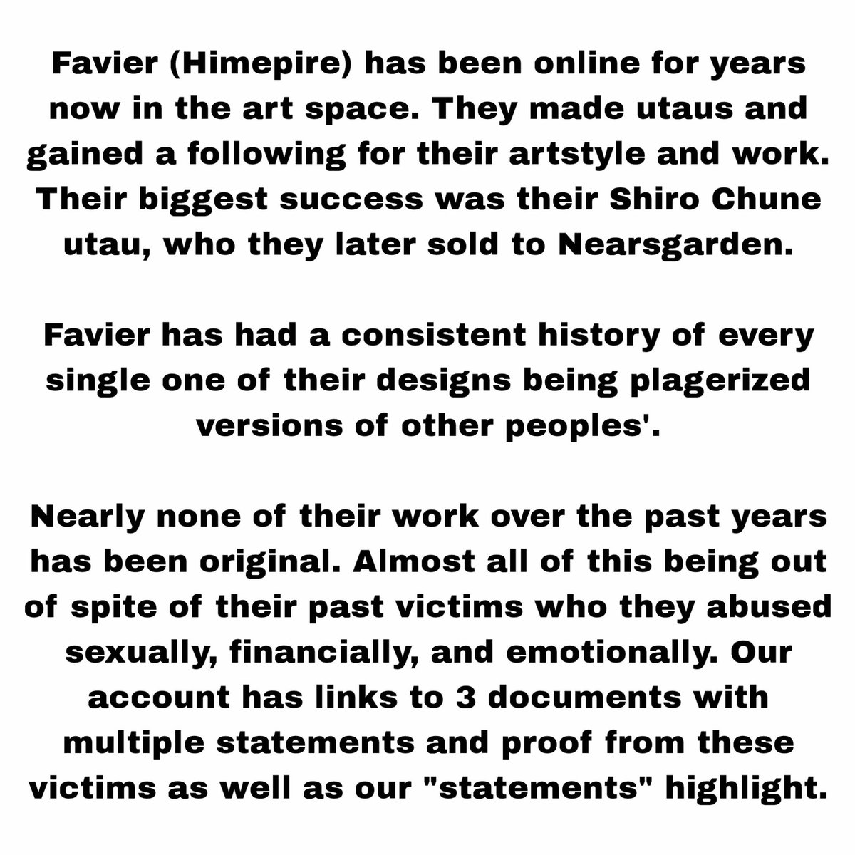 tdhibaia's tweet image. Please check our Instagram highlights for all specifics and proof of their actions, and please give the victim’s statements and documents a read. Feel free to ask any questions you have. This thread is a mere summary of years of evidence compiled together. +
#utautwt #shiroUTAU