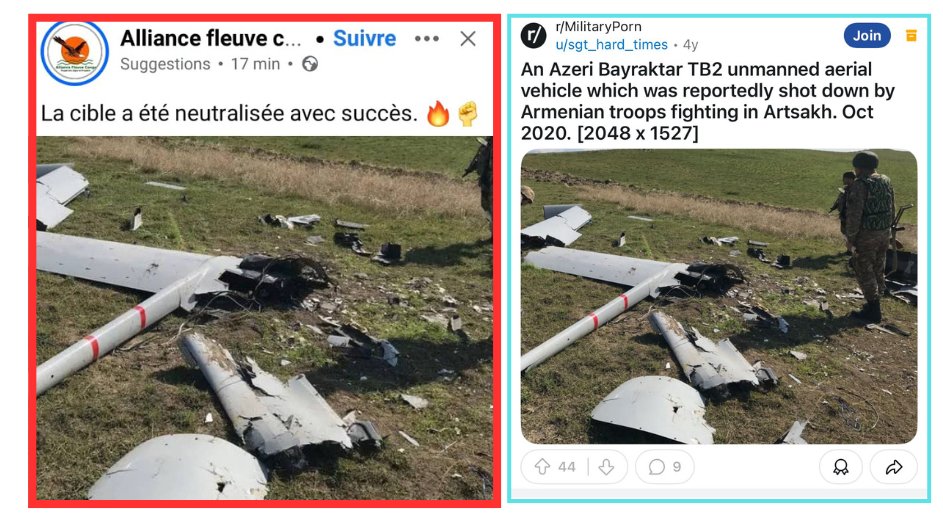 🚨 FAKE NEWS AUTOUR DES DRONES !

Cette histoire de “drone abattu” est totalement fausse.
Tous les comptes affiliés au M23/RDF qui en parlent n’ont publié aucune photo sur twitter.
Je suis allé vérifier moi-même sur leur page officielle Facebook :
➡️ L’image qu’ils utilisent date