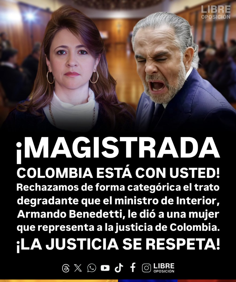 🇨🇴🧐| ¡LA JUSTICIA SE RESPETA! Rechazamos de forma categórica el trato degradante que el ministro de Interior, Armando Benedetti, le dió a la magistrada Cristina Lombana, una mujer que representa a la justicia de Colombia.

Un vulgar y ordinario que enfrenta más de siete