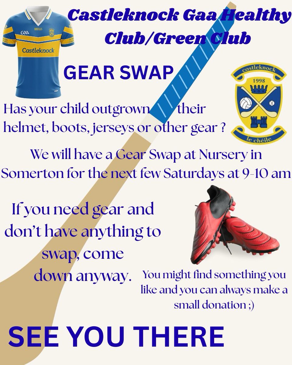 CastleknockGAA's tweet photo. Castleknock GAA Healthy Club/ Green Club Gear swap.

Chance to swap your gear at Nursery in Somerton for the next few Saturdays. https://t.co/GboSmXZfy0