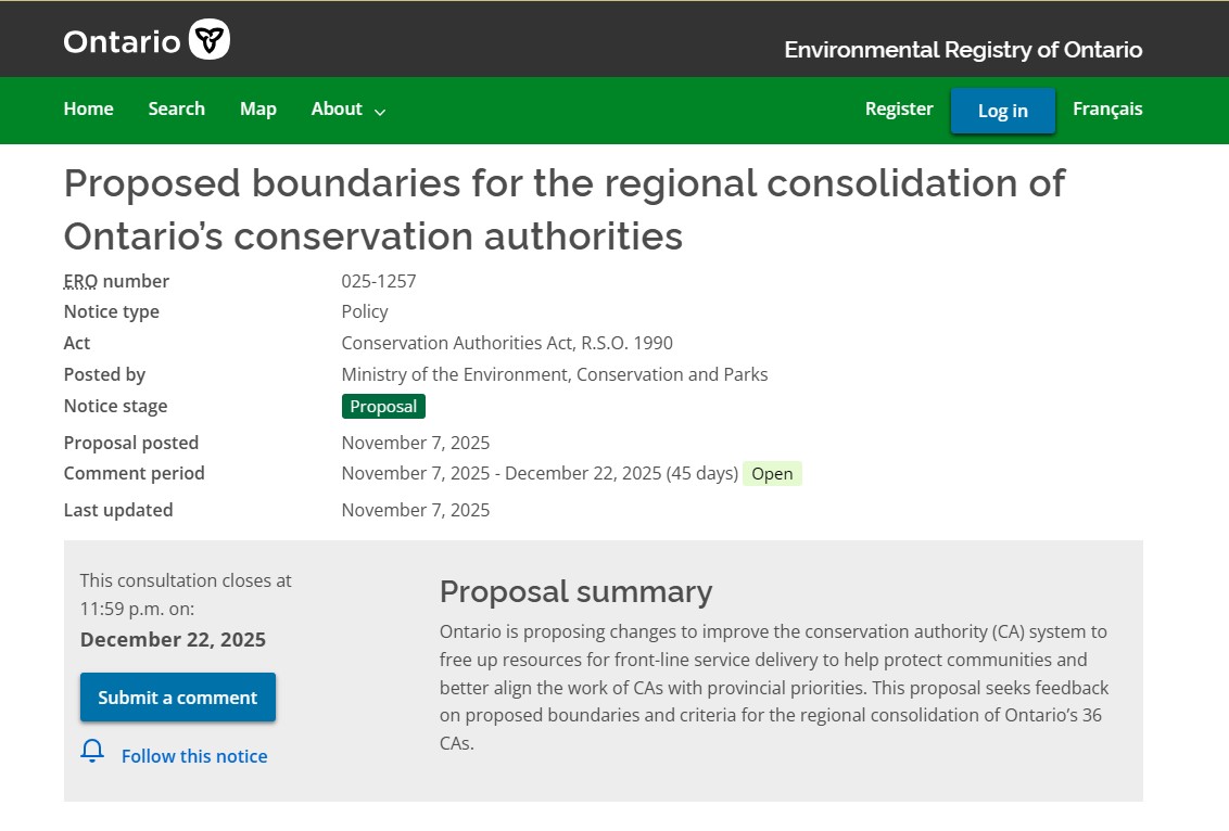Join the Province of Ontario's public consultation on its proposed boundaries for the regional consolidation of Ontario’s conservation authorities.

Have your say here!
ero.ontario.ca/notice/025-1257