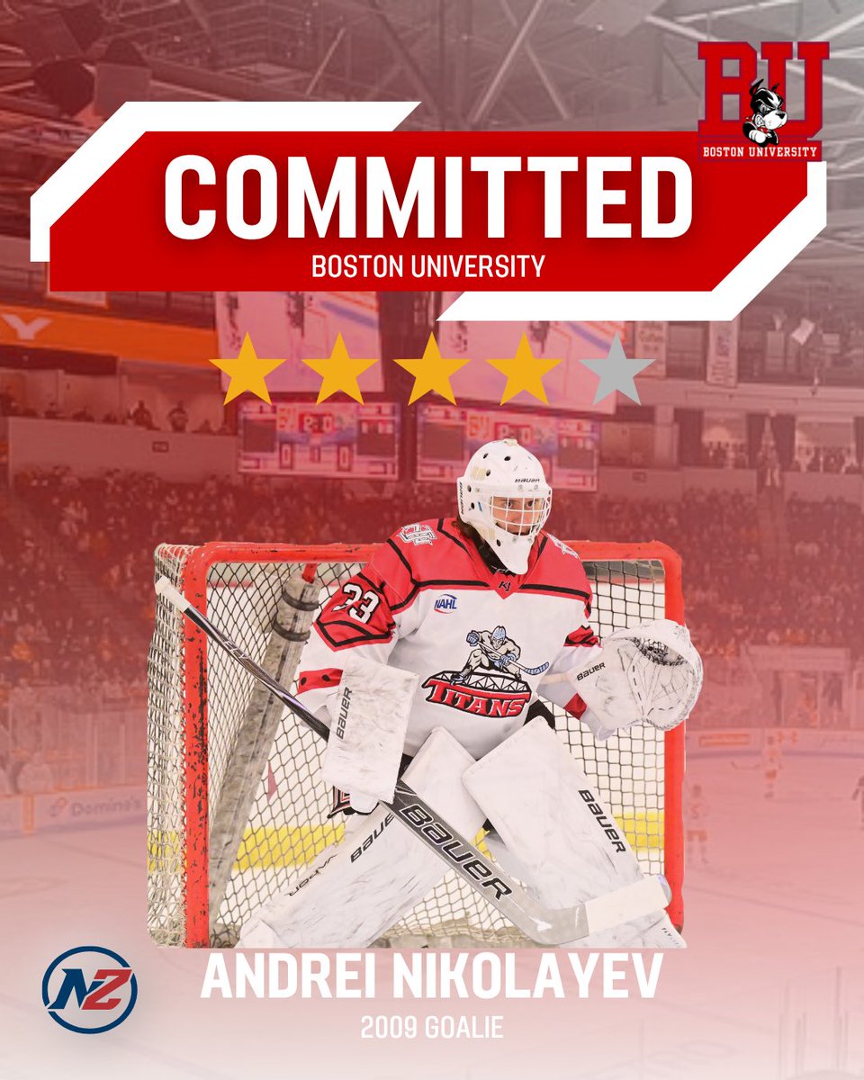 Graphic overlay with red text reading COMMITTED BOSTON UNIVERSITY and four yellow stars above a photo of Andrei Nikolayev a young male goaltender wearing white hockey jersey with red accents numbered 24 and matching pants standing in front of a hockey net on ice rink with Boston University logo in top right corner and Neutral Zone branding at bottom