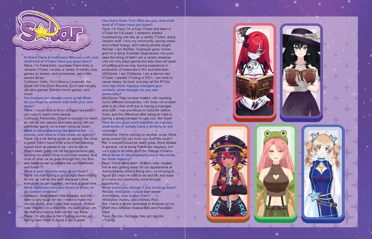VTUBER MAGAZINE REVEAL | 💜

<a href="/SolarStudiosHub/">Solar | Vtuber Agency 💫</a> in their two-part interview endeavor! You can see the FULL Solar Agency interview by getting your copy of Volume 3 of V-RISING, a VTuber interview magazine, at debutfactory.bigcartel.com now!

#VTuberUprising #ENVTuber