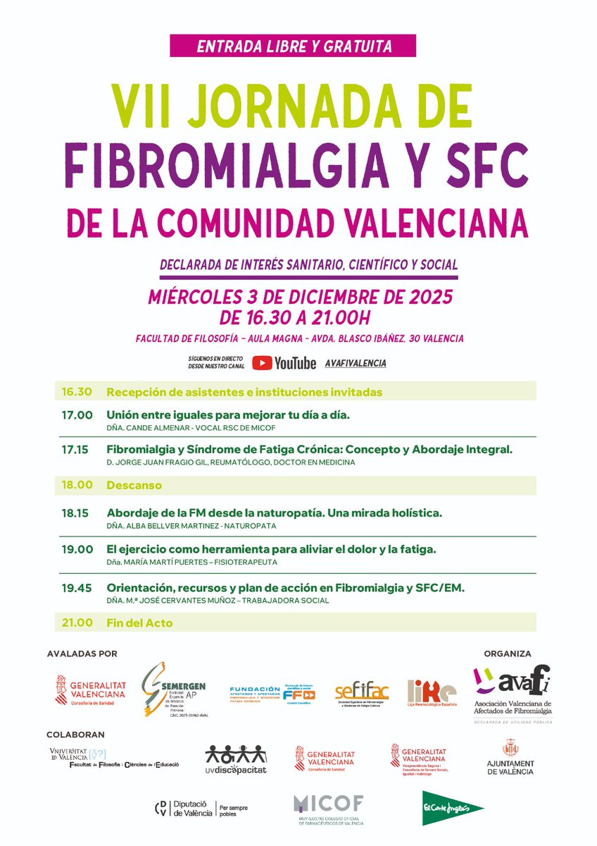 Avafi1's tweet image. El día 3 de diciembre te esperamos en la VII JORNADA DE FIBROMIALGIA Y SFC DE LA CV
Entrada gratuita, no hay inscripción y si no puedes ir la podrás seguir por Streaming