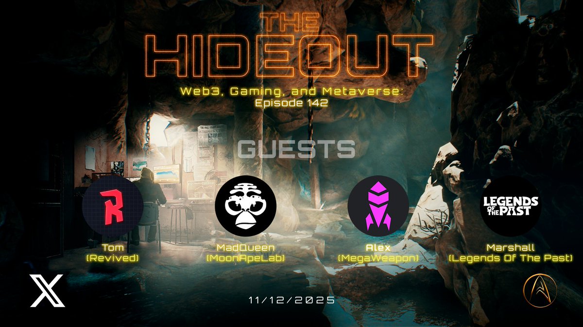 🌐The Hideout - Ep. 142 - Web3 Gaming and Metaverse  - Guests: <a href="/legends_of_past/">Legends Of The Past 🏺</a>, <a href="/MoonApeLab/">Moon Ape Lab</a>, <a href="/_megaweapon_/">MEGAWEAPON</a> and <a href="/playrevived/">Revived</a>!🌐

Join us tomorrow at  10 AM PT / 1 PM ET for a fun discussion with our guests and our host <a href="/Satoshiverse_io/">𝕊𝕒𝕥𝕠𝕤𝕙𝕚𝕧𝕖𝕣𝕤𝕖</a>!

x.com/i/spaces/1kvJp…

#Satoshiverse