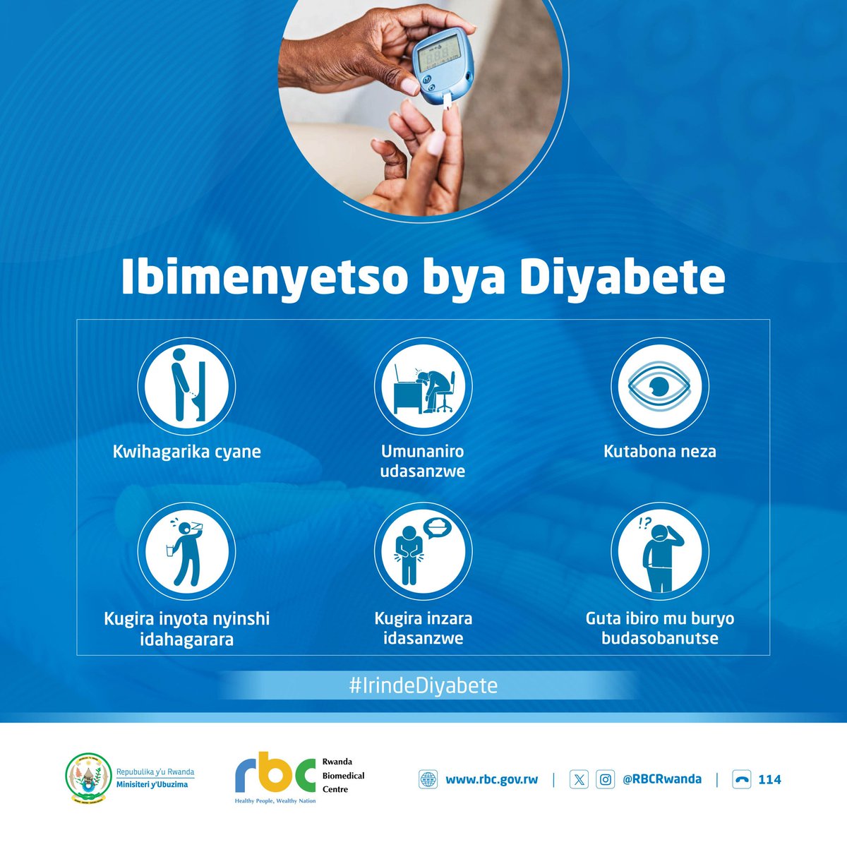 Uyu munsi ni Umunsi Mpuzamahanga wahariwe kurwanya Indwara ya  #Diyabete.
1.Menya  iyi ndwara ✅
2.Isuzumishe hakiri kare✅
3.Gabanya ingano y'isukari ufata✅
4.Kora imyitozo ngororamubiri✅
#TwirindeDiyabete
