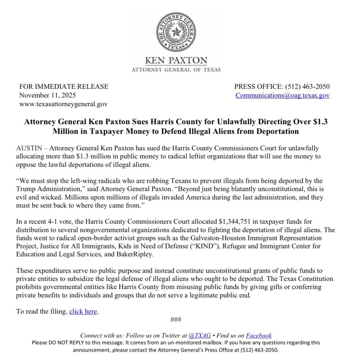 EricLDaugh's tweet photo. 🚨 BREAKING: Harris County, Texas was just caught illegally sending more than $1.3 MILLION in taxpayer money to prevent the deportation of illegal alien criminals.

The funds are flowing into NGOs that fight President Trump in court. UNBELIEVABLE!

Texas Attorney General Ken Paxton is now SUING Harris County.

"We must stop the left-wing radicals who are robbing Texans to prevent illegals from being deported by the Trump admin."

"Beyond just being blatantly unconstitutional, this is evil and wicked." - @KenPaxtonTX