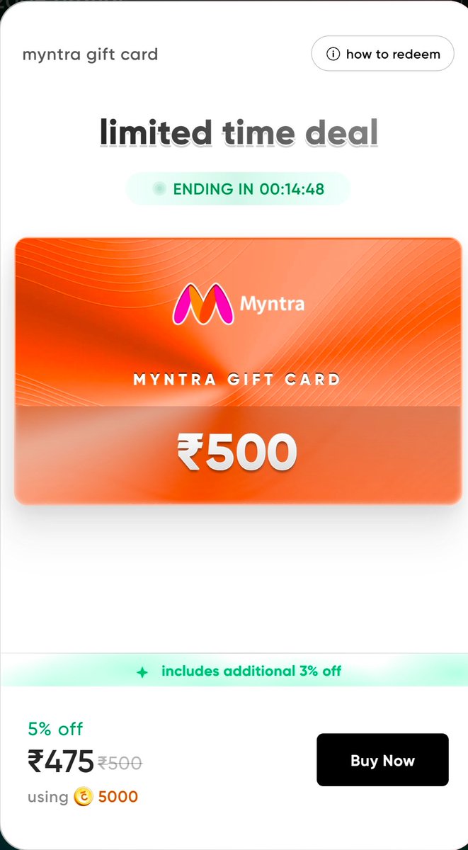 CardsavvyIndia's tweet image. 🚨Cred x Myntra 🚨
 
Myntra gift card available at 5% off on cred daily deals

Use sbi cashback card for additional 5% off 🔥🔥

#cred #ccgeek #ccgeeks #myntra #BlinkDeal
