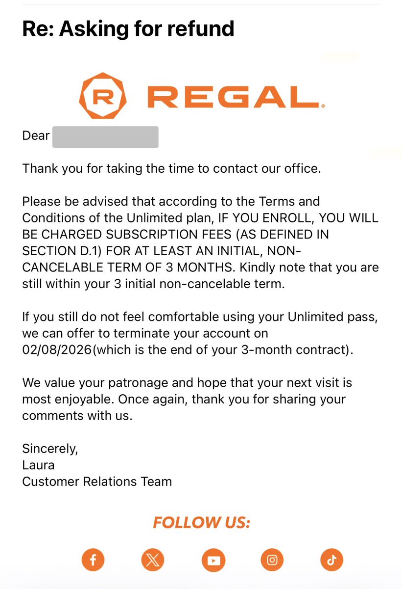 PDF0111's tweet photo. @RegalMovies ppl be careful when purchasing unlimited they not gonna give you your money back if you want a refund https://t.co/rJnlTbKHNG