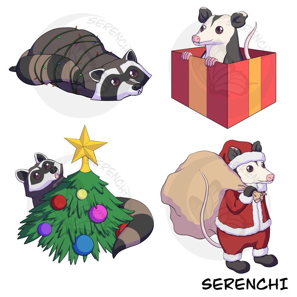 Serenchi's tweet photo. This was suppose to post 5 days ago but didn’t for some stupid reason so you get two posts today…

The stickers are ready to go for tomorrow shop!!! Christmas Raccoons and Opossums FTW! https://t.co/sLaJqMdrIu