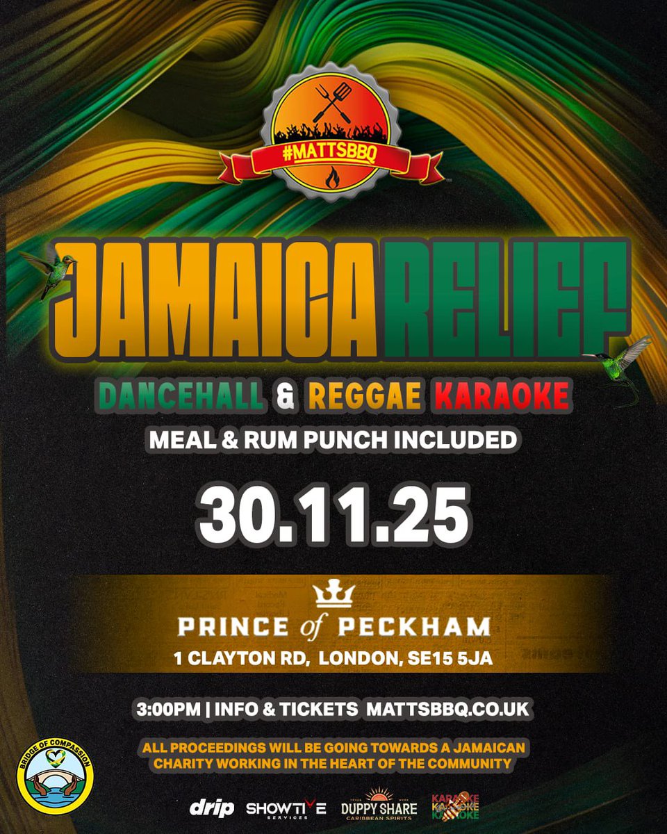 I am please to announce that we will be teaming up with <a href="/MattsBBQuk/">#MattsBBQ</a> to put on a JAMAICA RELIEF : Dancehall Karaoke 

All proceeds will be going to Jamaican charity organisation supporting victims of hurricane Melissa with transport, care and shelter 

eventbrite.co.uk/e/mattsbbq-jam…