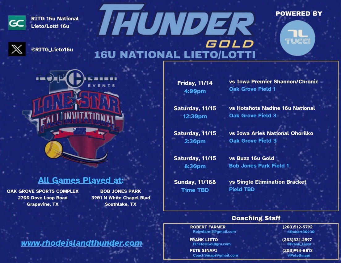 Here is our schedule for Texas⬇️⬇️. Come check us out at our last fall tournament. <a href="/RITG_Lieto16u/">RITG National Lieto/Lotti 16u</a> <a href="/Frank_Lieto/">Frank Lieto</a> <a href="/petesinapi/">Pete Sinapi</a> <a href="/robert30930/">Robert Farmer</a>