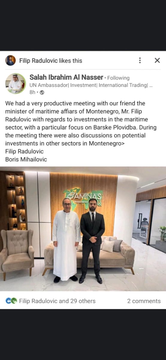 Posjeta ministra <a href="/FilipRadulovic_/">Filip Radulovic</a> Dubajiu protekla je u prijateljskoj i srdačnoj atmosferi čemu svjedoči šeikova objava da ministra smatra istinskim prijateljem i partnerom.
📷 Izvor: LinkedIn / Salah Ibrahim Al Nasser