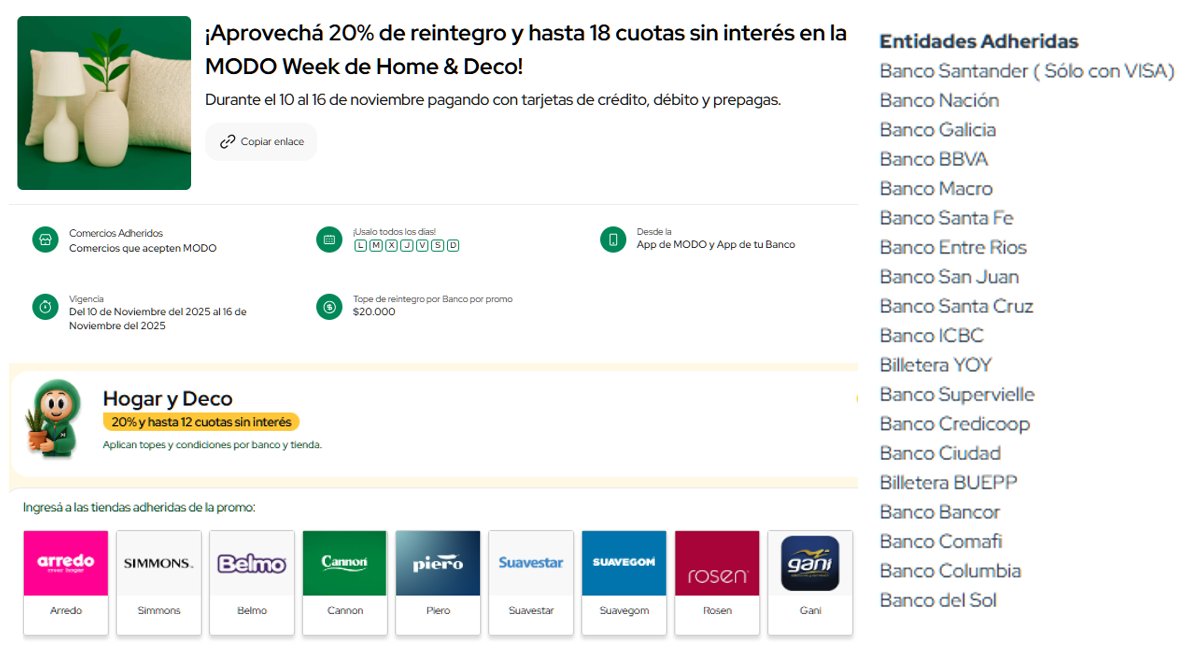 ahorrotwit's tweet photo. 🚨Aprovechá la #ModoWeek y acumulá hasta un 30% y cuotas pagando con @MODO_Arg en la web de estos locales Home&Deco🚨
⚡️20% con tope de $20.000 #ModoWeek
⚡️10% extra si pagas con #SantaCruz #EntreRios #SanJuan o #SantaFe en #Simmons sin tope https://t.co/gHjQ7AukCJ