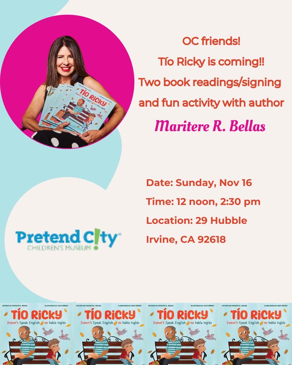 maritererbellas's tweet image. Mi gente!! Next stop, Orange County, CA!
⁦@pretendcity⁩ 
 Two book readings!
Sunday, Nov 16
12 noon and 2:30 pm
Bring your kiddos!! Thanks for sharing! 😀❤️

#TíoRickyBilingualBook #TíoRickyBookTour #Kidlit #LanguageandCulture #LilLibros #ReadYourWorld #writingcommunity