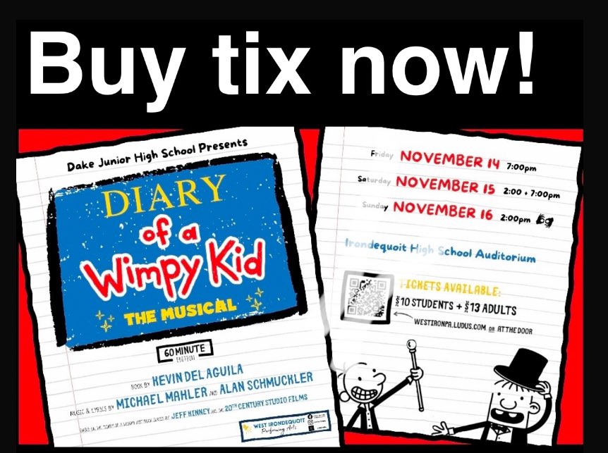 The Dake Jr. HS musical, "Diary of a Wimpy Kid," opens Friday. Buy tickets via this link: westironpa.ludus.com/index.php