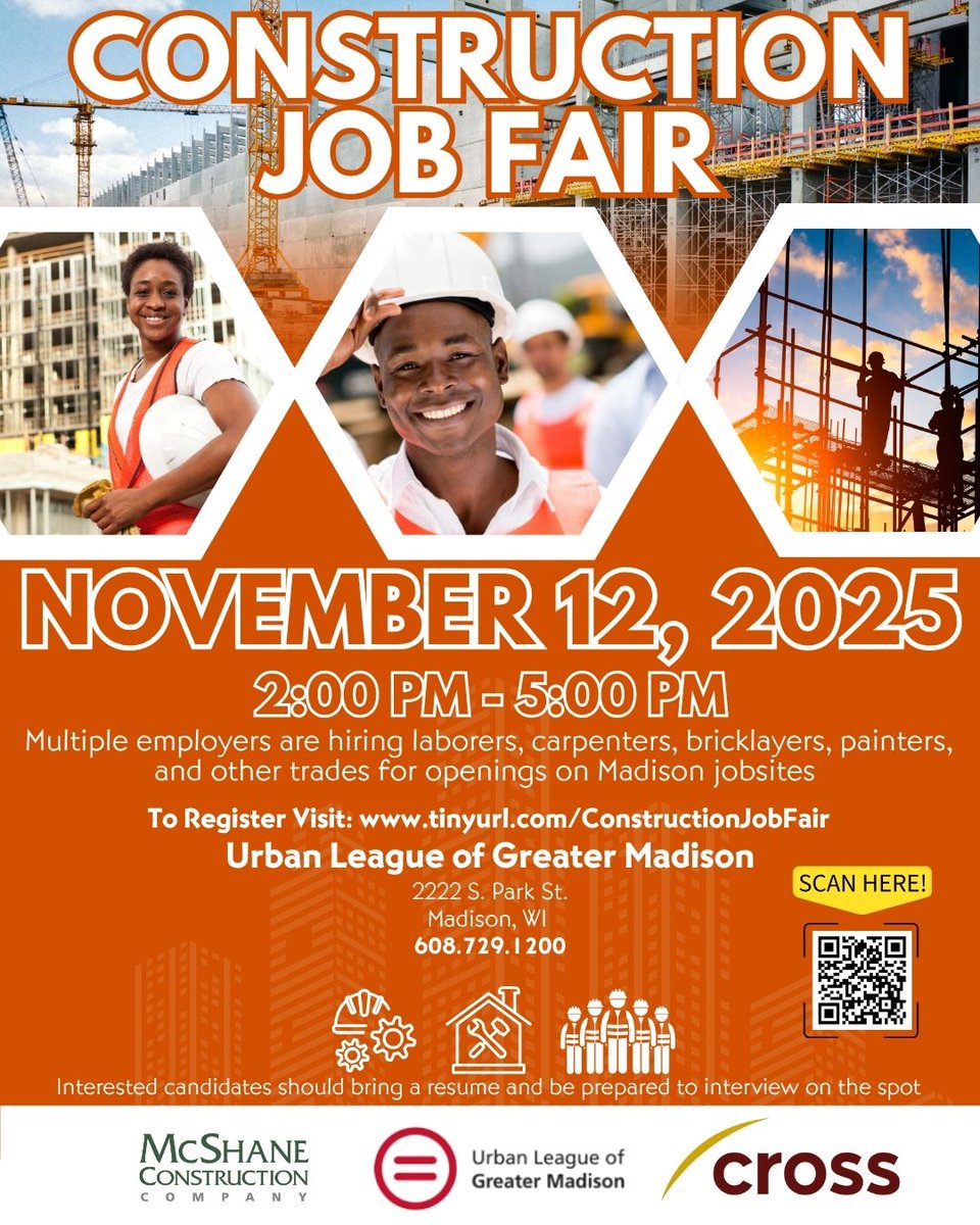 You’ve been waiting for a chance. This is it.
Meet hiring teams, learn about open positions, and take that next step forward — all in one afternoon!

Construction Job Fair
📍 Urban League, 2222 S. Park St.
🗓 Wednesday, Nov. 12 | 2–5 PM

RSVP today → tinyurl.com/constructionjo…