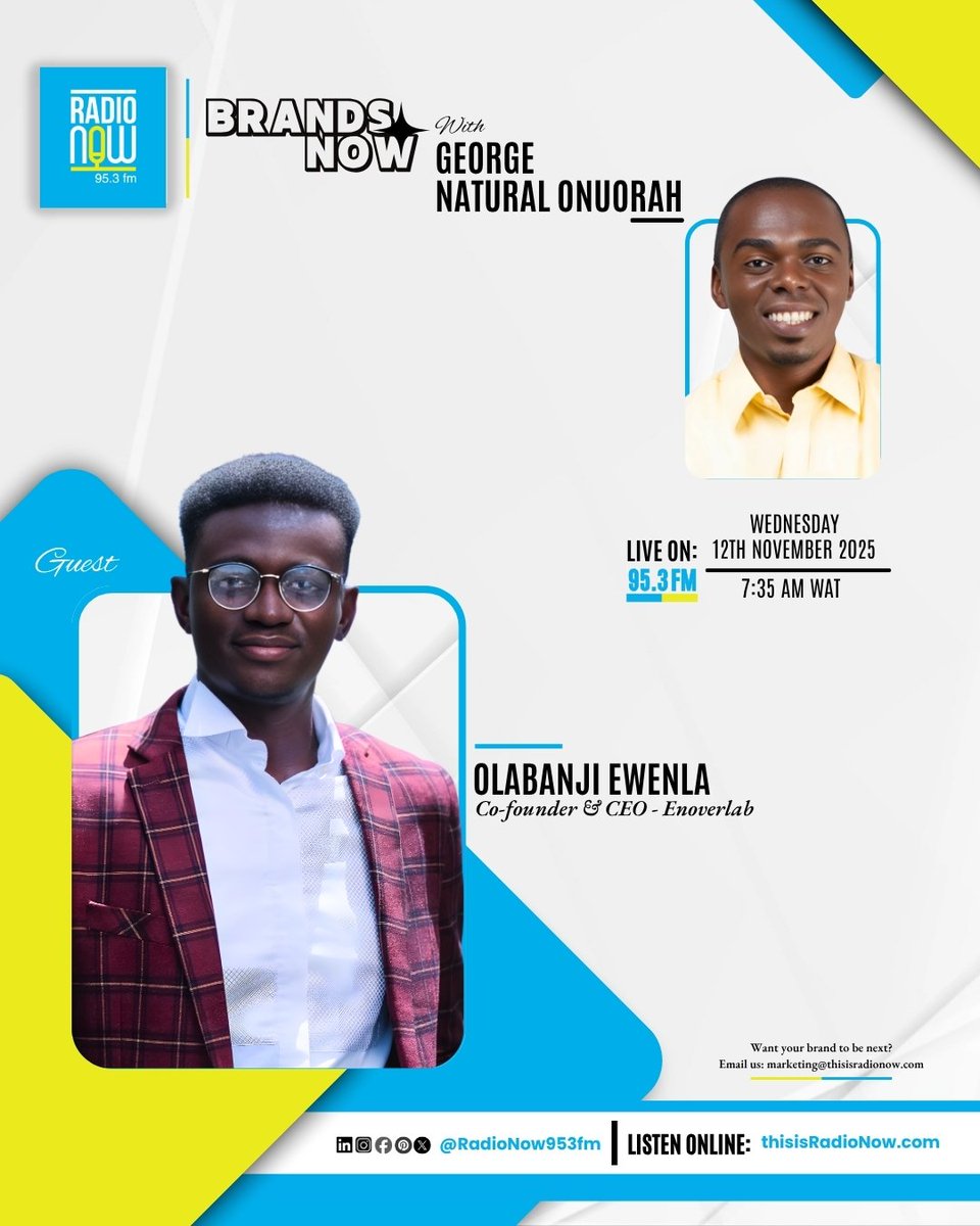 Today on #BrandsNow with George Natural Onuorah (@georgenatural1) 🎙️

👤 Guest: Olabanji Ewenla, Co-founder &amp; CEO, Enoverlab

🕖 7:35 AM
📻 Radio Now 95.3 FM, Lagos
🌐 thisisradionow.com

✨ Get featured on #brandsnow
📩 marketing@thisisradionow.com

#RadioNow953FM #Business
