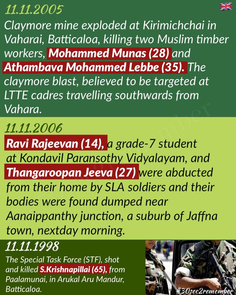 30sec2remember's tweet image. Nov 11 – Remembering those #killed in Batticaloa and Jaffna: civilians lost to shootings, claymore blasts, and abductions by Sri Lankan forces. Among them were children, workers, and elders — lives taken without #justice. 🕯️ 

#30sec2remember #Eelam #GenocideOnTamils #Genocide